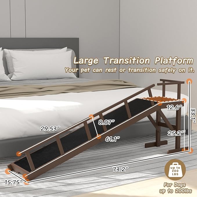 73" Dog Ramp for Bed, Pet Ramp with Removable Side Rail and Non-Slip Surface, Pet Ramp for Small & Large & Senior Dogs with Rest Platform and DIY Glow Strips,Dog Stairs for Couch, Brown