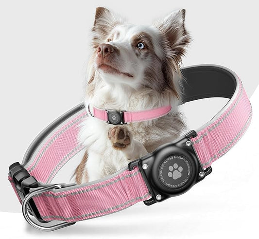 Airtag Dog Collar - 100% Waterproof Air tag Dog Collar Holder for Apple AirTag, Reflective, Soft Padded, Everlasting, GPS Dog Collar for Small Medium Large Dogs (Pink, XL)