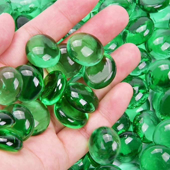 2LB Green Flat Glass Marbles for Vases, Gemstone Beads Vase Filler Decorative Glass Pebbles for Fish Tank, DIY Crafts, Aquarium Decor Rocks