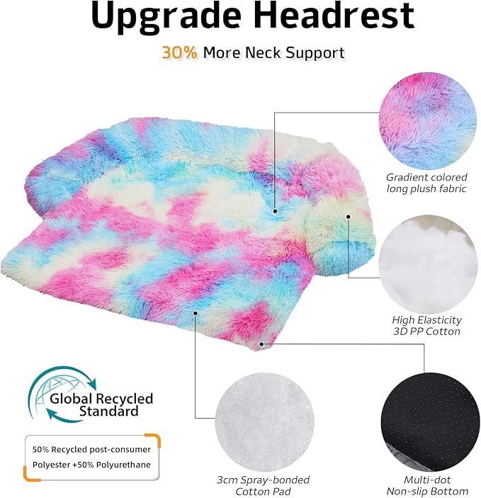 GGIB Calming Dog Bed Fluffy Plush Dog Mat for Furniture Protector with Removable Washable Cover for Large Medium Small Dogs and Cats (Large, Rainbow)