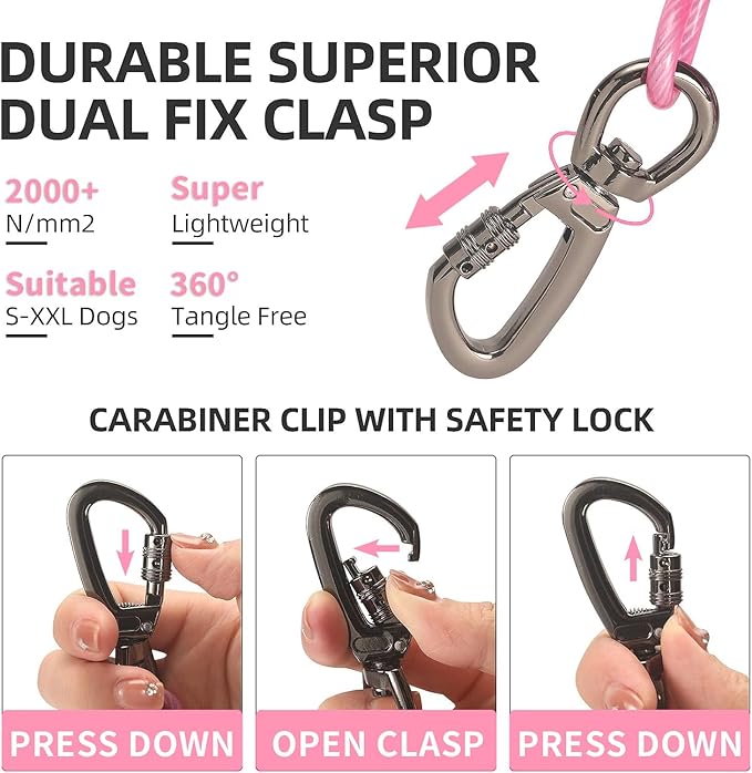 Dog tie Out Cable, 10/20/25/30/50/70/100 feet, Suitable for Dogs up to 350 pounds, Dog Cable with Swivel Buckle, Lightweight, Non-Winding, for Outdoor Camping, Yard Dog Cable (Pink, 20FT)