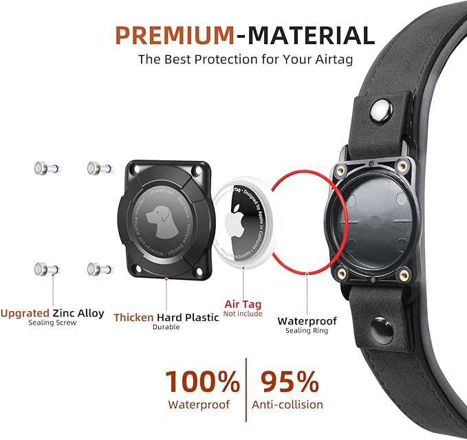 AirTag Dog Collar - Leather Dog Collar with Air Tag Holder | IPX8 Waterproof, Reflective, High - End, Adjustable Soft Padded | Dog GPS Tracker Collars Fit for Medium Large Dogs (Black, M)