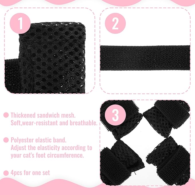 4Pcs Cat Shoes, Anti Scratch Cats Claw Covers, 3.62×1.57 Inches Breathable Mesh Nail Caps for Cats Claws, Adjustable Cat Mittens for Pet Bathing Feeding Cutting Nails(Black)