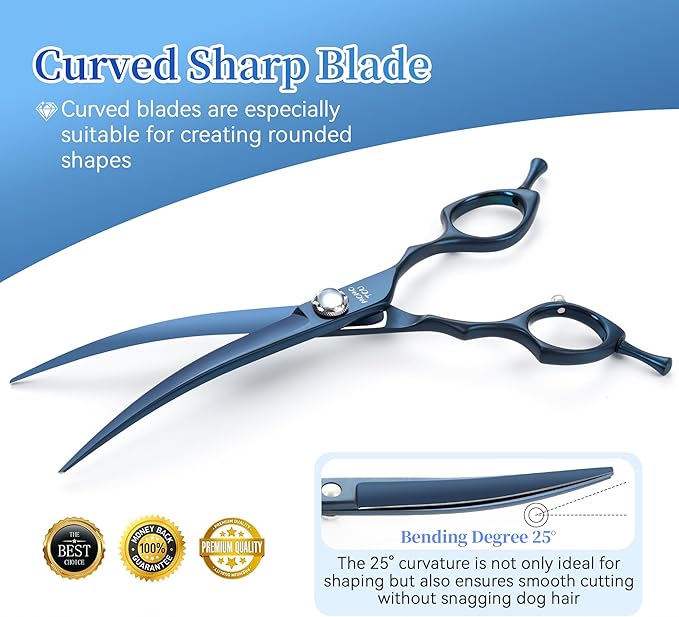 7 inch Matte Blue Curved Dog Grooming Scissors Professional 440C Stainless Steel Dog Shears Smooth Cutting Comfortable Grip and Easy to Use for Groomers and Home Use