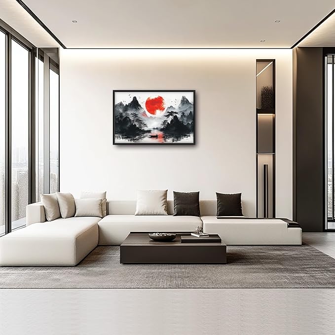 Framed Large Japanese Mountain Wall Art for Living Room, Oversized Asian Red Sun Lake Landscape Wall Decor Nature Canvas Painting Home Decoration for Living Room Bedroom Office 36"x24"