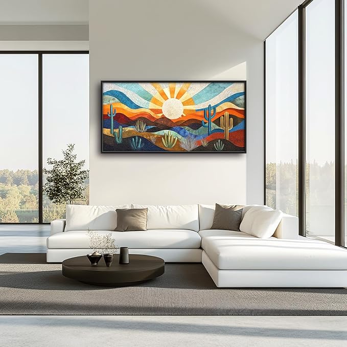 Extra Large Framed Abstract Boho Desert Wall Art, Sun Cactus Landscape Wall Decor Pictures for Living Room,Cacti Canvas Print Painting Modern Artwork Bedroom Office Bathroom Home Decor 60L x 30W