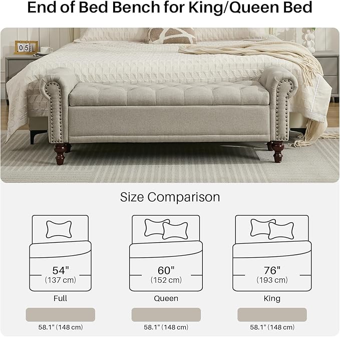 58.1'' Storage Bench Upholstered Linen End of Bedroom Bed Bench Ottoman with Tufted Cushioned Rolled Arm Large Storage Space for Reading Living Room Entryway, Light Brown