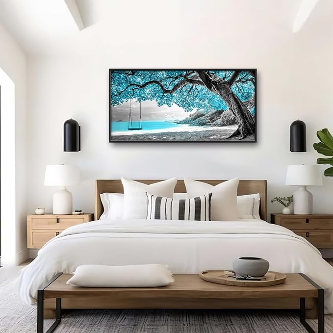 Extra Large Framed Abstract Tree Wall Art,Black and White Tree of Life Wall Decor,Blue Teal Sea Pictures for Living Room,Canvas Print Painting Modern Artwork Bedroom Office Bathroom 60L x 30W