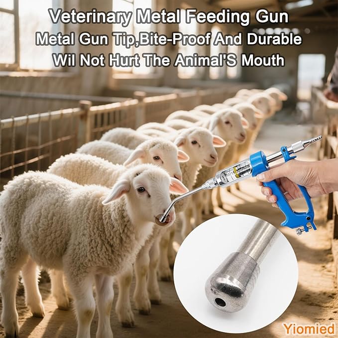 50ML Veterinary Metal Feeding Gun, Continuous Drench Gun Dosing Device Veterinary Adjustable Medicine Dispenser Husbandry Autonomous Feeding Tool, for Pig Cow, Sheep, Horse (Blue, 50ML+Kettle)