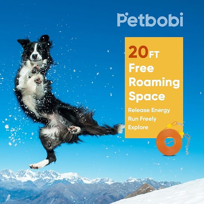 Petbobi Dog Tie-Out Cable 20ft - Heavy-Duty 4mm Metal Cable up to 120lbs, Shock Spring & 360° Swivel Clips, for Yard Camping, Small Medium Large Pets, Orange