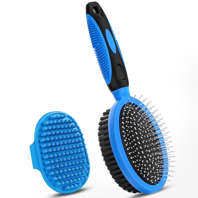 2PCS Pet Grooming Tools - Double-Sided Brush for Shedding and Bathing, Suitable for Short/Long Haired Dogs Cats and Horses, Deshedding Dog Brush, Mane & Tail Combs for Horses - Pet Supplies (Blue)