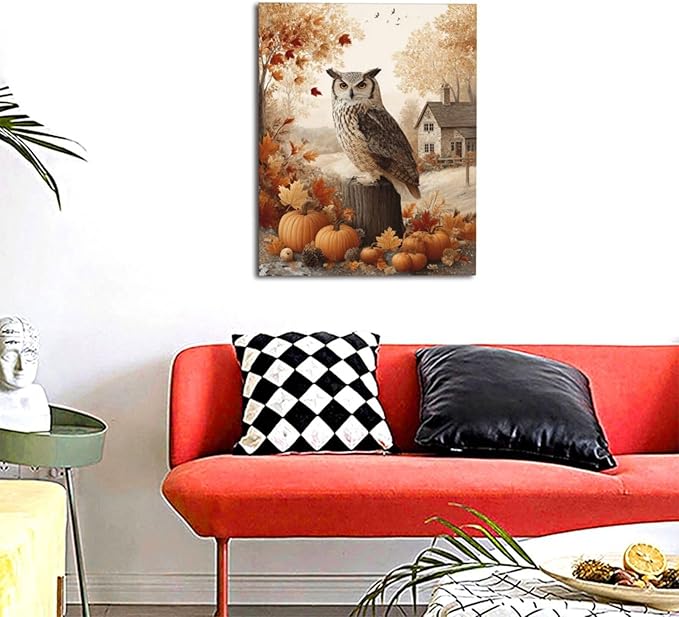 Fall Owl Wall Art Autumn Pumpkin Leaves Wall Decor Rustic Canvas Print Farmhouse Pictures Painting Print Framed Artwork Decorations Gifts for Living Room Bathroom Bedroom Office 16"x20"