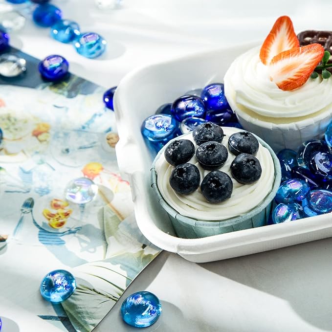 FUTUREPLUSX 1LB Iridescent Flat Glass Marbles, Blue Mixed Glass Beads Vase Fillers Decorative Gem Pebbles Sparkling Floral Fish Tank Rocks for Vases Table Scatter Aquarium Decor DIY Craft