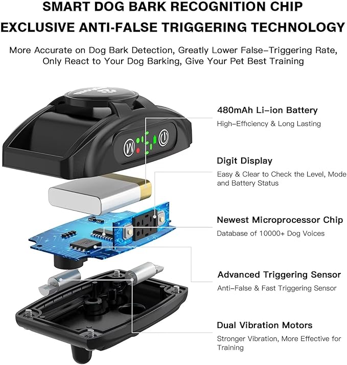 2 Pack Smart Dog Bark Collar - 5 Adjustable Sensitivity/Vibration&Sound/Rechargeable/IPX7 Waterproof - No Shock Bark Control Training Collar for Small Medium Large Dog (V1)