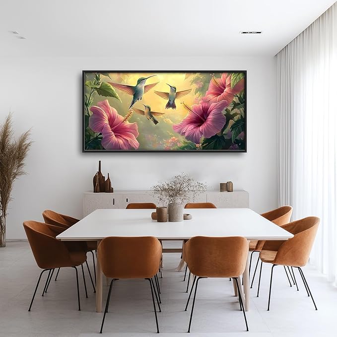 Framed Large Hummingbird Wall Art for Living Room, Oversized Rustic Bird Flower Wall Decor Floral Canvas Painting Nature Sunrise Pictures Modern Artwork for Bedroom Office Dinging Room 60"x30"