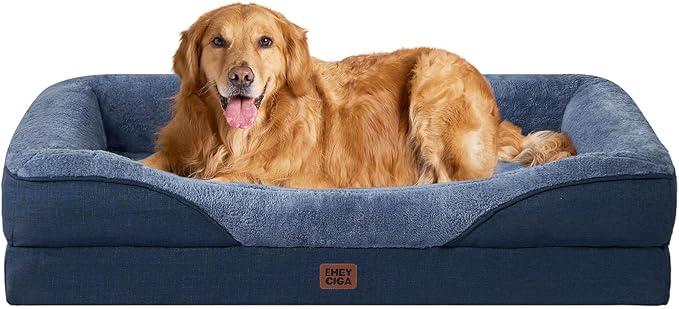 EHEYCIGA Memory Foam Dog Bed for Large Sized, Orthopedic Dog Sofa with Sides and Waterproof Liner, Washable Bolster Pet Couch with Removable Cover, 41x27x7.5 Inch, Navy