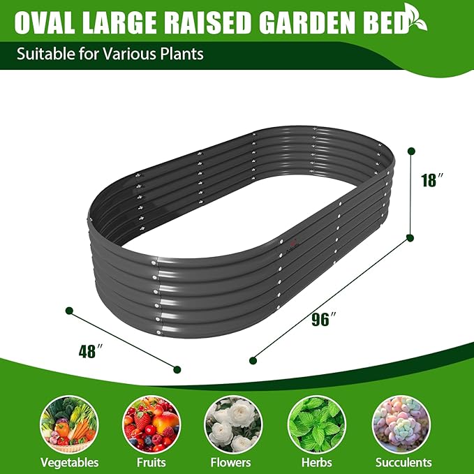 A ANLEOLIFE 8X4X1.5 ft Galvanized Raised Garden Beds Outdoor, Oval Large Metal Planter Box for Planting Vegetables Flowers Herb, Anti-Rust & Easy-Setup, Quartz Grey