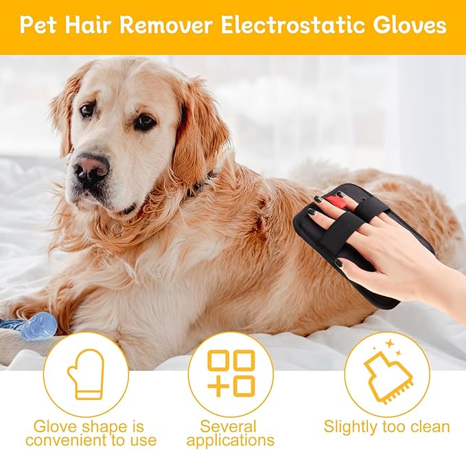 2 Pcs Static Pet Hair Removal Gloves, Reusable Electrostatic Pet Cat Dog Hair Remover Grooming Gloves Brush Tool for Couch, Furniture, Carpet, Car Seat