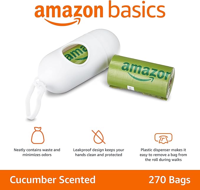 Amazon Basics Dog Poop Bags with Dispenser, 270 Count, Enhanced for Guaranteed Leakproof, Cucumber Scented, Includes Leash Clip