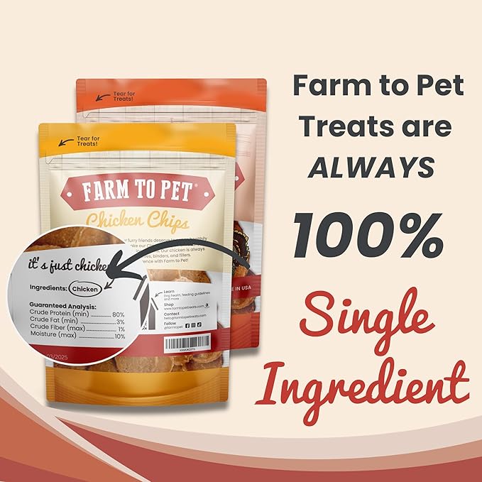 Farm To Pet - Dog Treats Chicken & Turkey Chip Protein Value Pack, 100% All Natural, Single Ingredient Training Treats, Made in USA, for Small, Medium, and Large Dogs