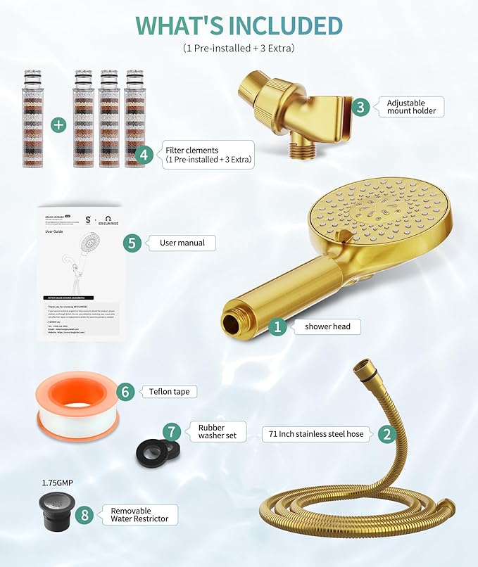 Filtered Shower Head with Handheld, High Pressure 9 Spray Mode Brushed Gold Showerhead with 4 Filters, Detachable Shower Head, Water Softener Filters Beads for Hard Water - Remove Chlorine