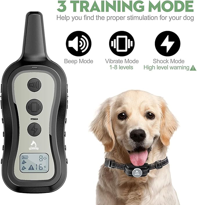 PATPET Dog Training Collar Shock Collar with Remote - 3 Training Modes, Beep, Vibration and Shock, Up to 1000 ft Remote Range, Rainproof for Small Medium Large Dogs