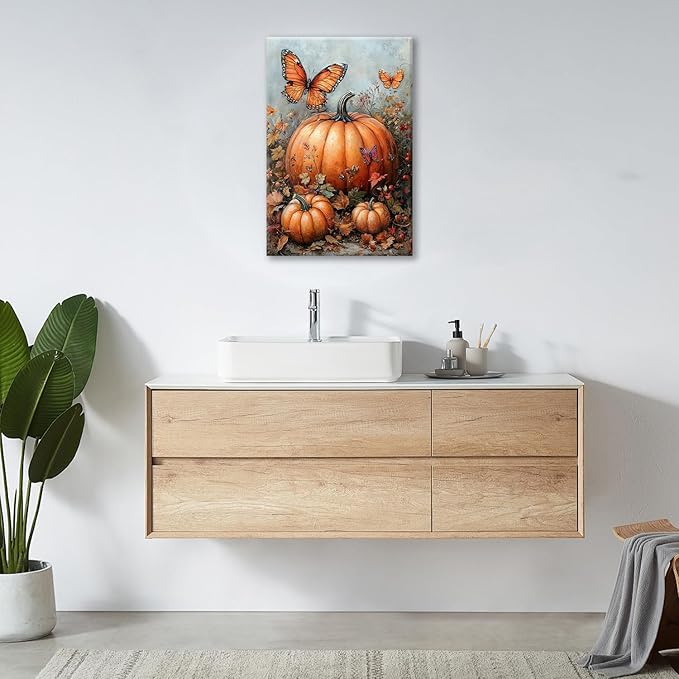 Fall Pumpkin Pictures Wall Art, Rustic Thanksgiving Bathroom Wall Decor, Farmhouse Autumn Butterfly Framed Painting Canvas Artwork for Harvest Gift Bedroom Living Room Decorations 24"L x 16"W
