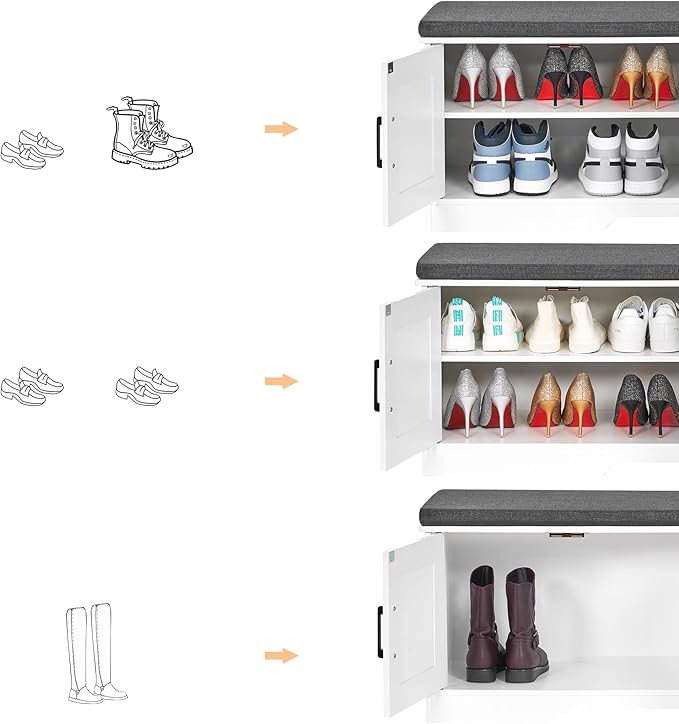 2-Tier Storage Bench, Shoe Bench with Padded Seat Cushion, Entryway Bench with 4 Barn Doors, Adjustable Shelf, 13.8" D x 47.2" W x 17.7" H, for Entryway, Living Room, Bedroom, White