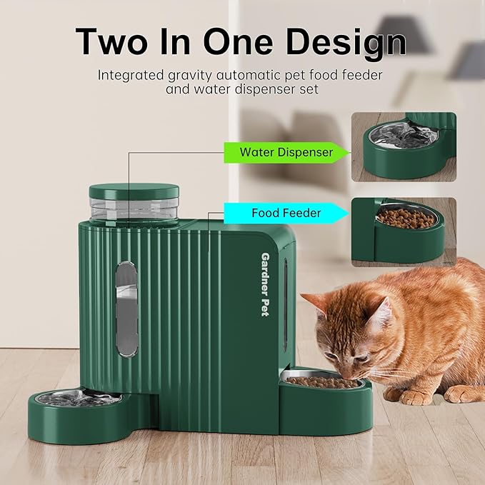 Gardner Pet Automatic Gravity Cat Food Feeder and Water Dispenser Stainless Steel Two-in-One Set Large Capacity Dispenser for Pets Dogs, Puppies, Kittens