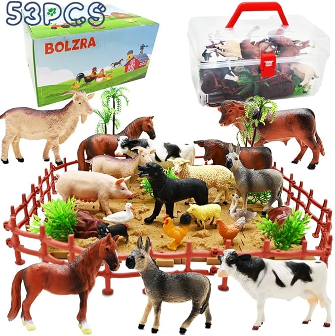 Farm Animal Figurines, Realistic Plastic Animals Toys with Fences Building Blocks, Farm Figures Playset Educational Birthday Gift for Kids & Toddlers, 53 PCS