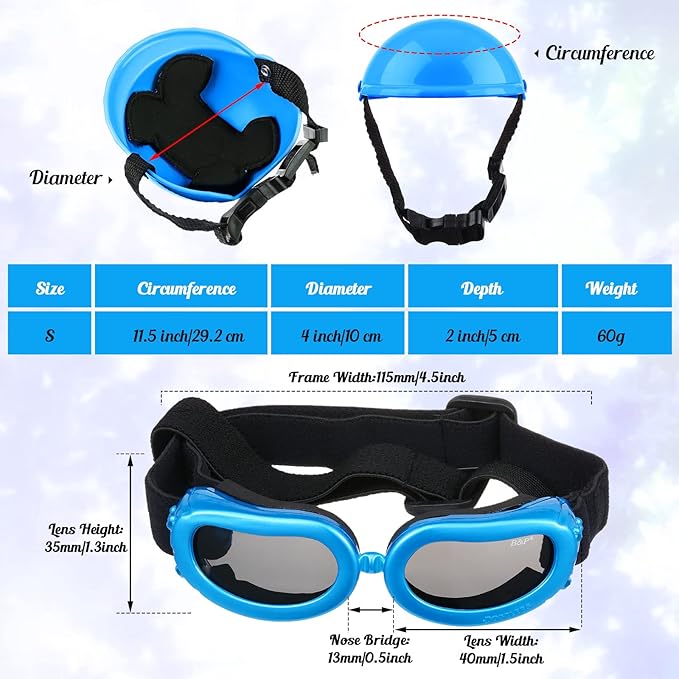 Frienda Dog Helmet and Goggles, UV Protection Doggy Sunglasses and 4 Inch Padded Puppy Motorcycle Helmet Adorable Dog Goggles with Adjustable Belt for Small Dogs Puppy Riding(Blue,S)