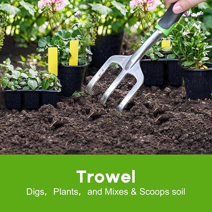 Garden Tool Set, 3 Pack Aluminum Heavy Duty Gardening Kit Includes Hand Trowel, Transplant Trowel and Cultivator Hand Rake with Soft Rubberized Non-Slip Ergonomic Handle, Garden Gifts