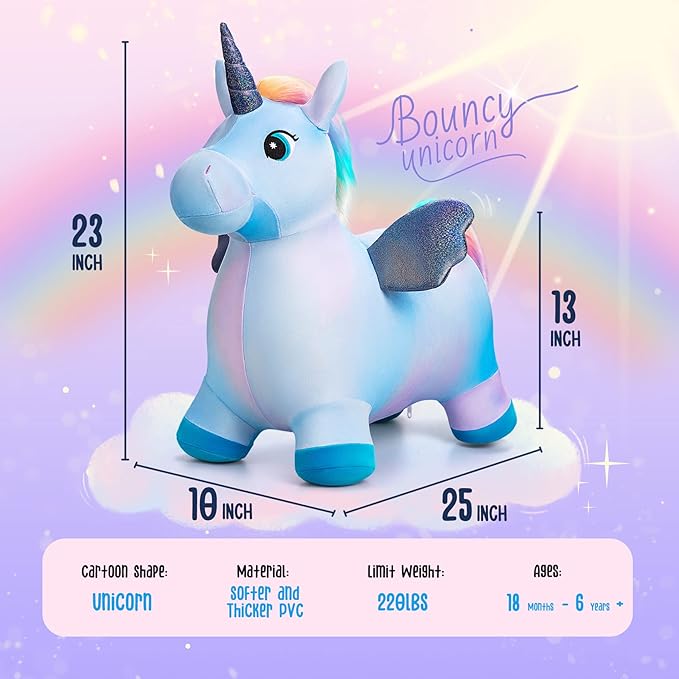 EVERICH TOY Unicorn Bouncy Horses Inflatable Plush Hopping Toy Bouncing Hopper Animals for Toddlers,Outdoor&Indoor Bouncy Animals for Toddlers,Gift for 18 Months 2 3 4 Year Old (W/Pump)