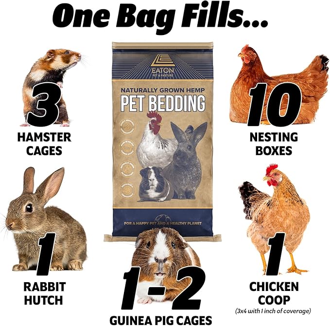Eaton Pet and Pasture, Naturally Grown Hemp Pet Bedding for Chickens, Nesting Boxes, Rabbits, Hamsters, Small Pets, Highly Absorbent, Hypoallergenic, Eco-Friendly, Farmer Owned 28L