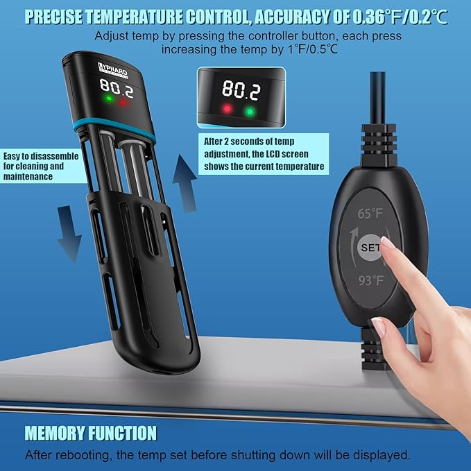 Electronic Aquarium Heater, 300W Small Fish Tank Heater, Adjustable Submersible Heater PID Temperature Control with LED Digital, Water Dry Automatic Shut Off for Fresh Seawater