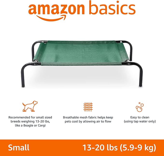 Amazon Basics Cooling Breathable Elevated Dog Bed with Metal Frame for Small Dogs, 36 x 22 x 7.5 Inch, Green