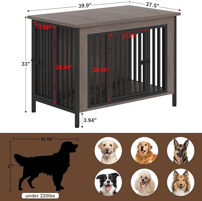 EasyCom 39.96" XL Wooden Large Dog Crate Furniture for Medium and Large Breed, Chew-Resistant Dog Kennel Furniture Indoor with 2 Doors and 3.94" Raised Feet, as TV Stand, End Table, Crate Table