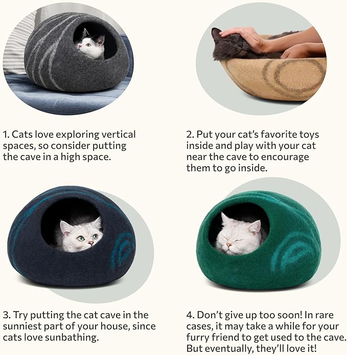MEOWFIA Cat Cave – Premium Felt Cat Bed for Indoor Cats, Handmade 100% Merino Wool (Light Shades) (Large, Light Grey)