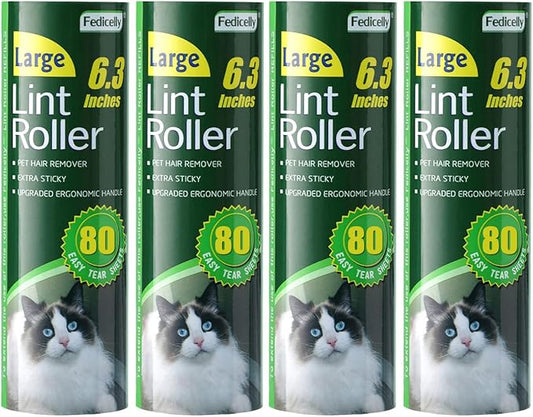 Fedicelly Large Lint Rollers Pet Hair Extra Sticky Refills,Mega Value Set 6.3 inches Wider with 320 Sheets for Cat and Dog Hair Removal,80 Sheets Per Roller (Pack of 4)