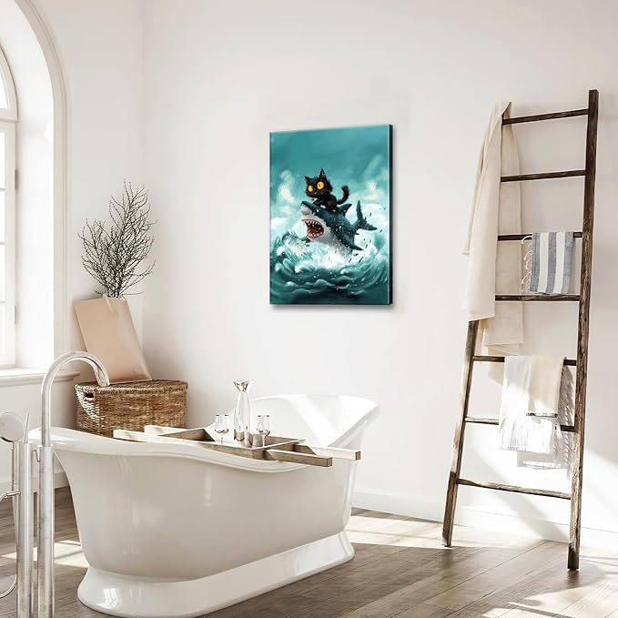 Funny Black Cat Bathroom Wall Art Cute Cat Riding Shark Canvas Wall Decor Animal Kitten Pictures Painting Print Artwork Framed Decorations Gifts for Cat Lover Kids Room Bedroom 16"x24"