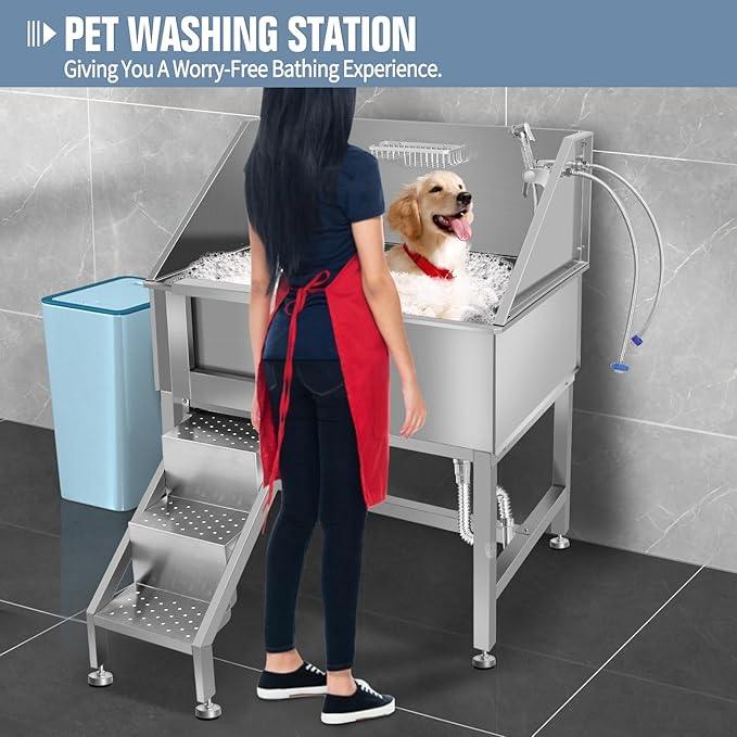 38" Pet Dog Bathing Station W/Stairs, Professional Stainless Steel Dog Grooming Tub W/Soap Box, Faucet,Rich Accessory, Dog Bathtub for Large,Medium,Small Pets, Washing Sink for Home,L-RAMP