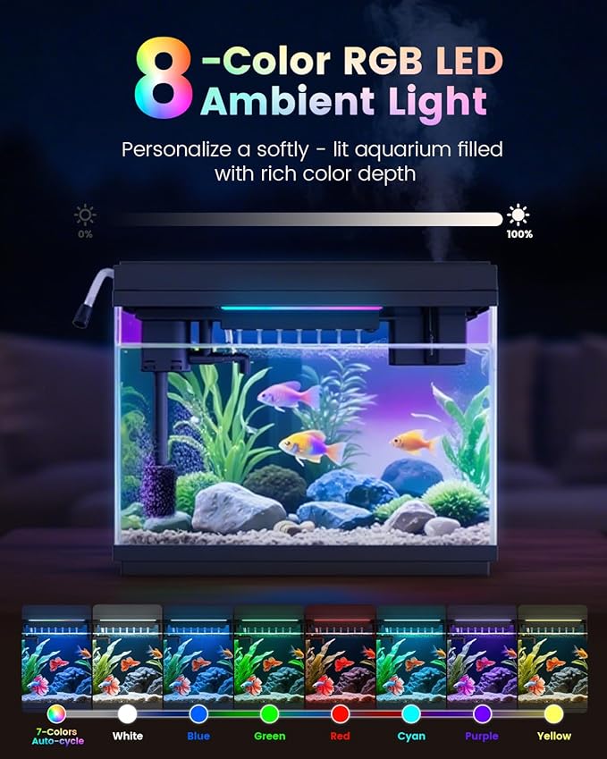 Fishkeeper 2.3G Smart Aquarium - Ultra Clear Glass Fish Tank w/Auto Timer 8-Color RGB Lights, 4-in-1 Self-Cleaning Silent Water Pump, Aromatherapy, Temperature Display, Perfect for Desktop Decor