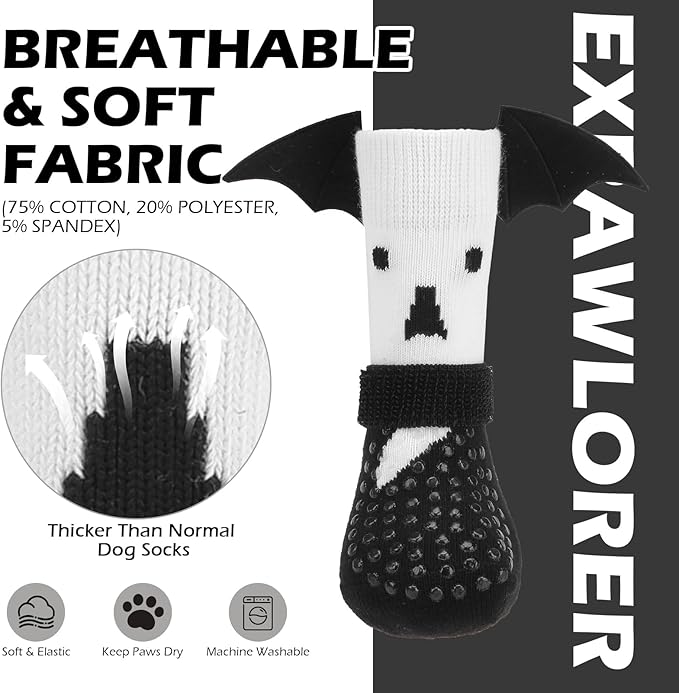 EXPAWLORER Halloween Anti Slip Dog Socks to Prevent Licking Paws, Boots & Paw Protectors with Grippers,Doggie Booties for Hardwood Floors for Small Medium Large Senior Dogs Costume White Ghost Wings M