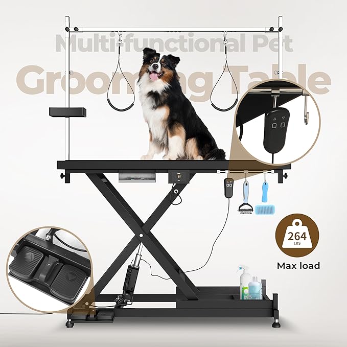 Electric Pet Grooming Table for Large Dogs - Professional Heavy Duty Height Adjustable Pet Grooming Station with Anti Slip Tabletop, Two Nooses & Tool Organizer, Maximum Capacity Up to 250 lbs Black