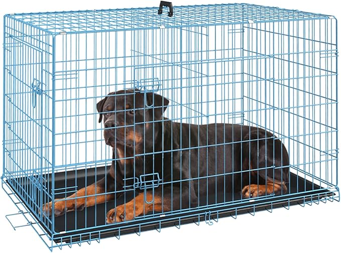 FDW Dog Crate for Large Dogs 42 Inch Folding Metal WirePet Cage Double Door W/Divider Panel Indoor Outdoor Kennel Leak-Proof Plastic Tray,Blue