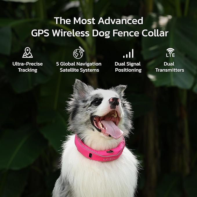 SATELLAI GPS Dog Collar, Pink [Free 1-Year Membership] The Most Advanced Dog Wireless Fences with AI Analysis, Precise Position, 5-Day Battery, and IP68 Waterproof, Flexible Virtual Fencing for Dogs
