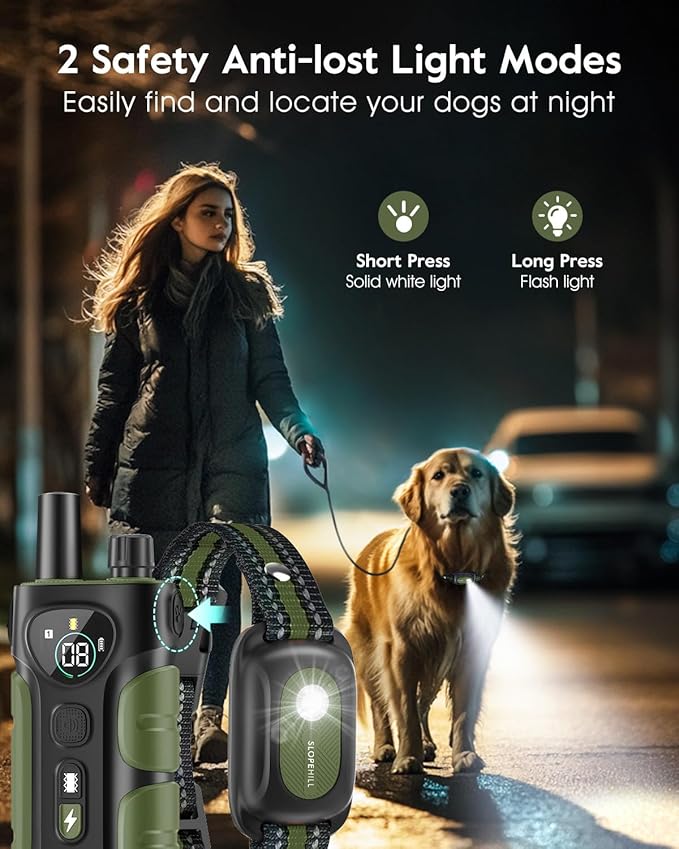 SLOPEHILL Dog Shock Collar,4200FT Dog Training Collar with Remote,IPX8 Waterproof E-Collar with Beep,Vibration,Shock,Flash Light,No Shock Mode,Electric Shock Collar for Small Medium Large Dogs,Green