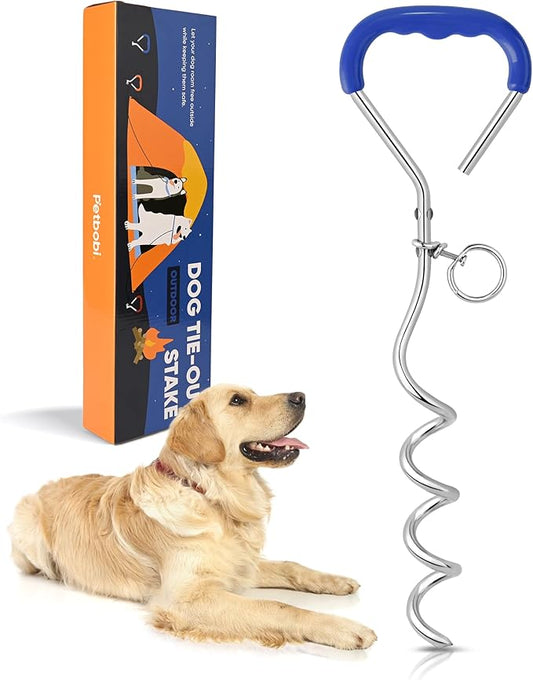 Petbobi Dog Tie Out Stake - 16″ Heavy Duty Dog Anchor for Yard Camping, 9mm Solid Steel, Soft Grip Handle Spiral Stake with No Tangle Connect Ring for Small to Large Pets Up to 120lbs, Blue/1pc