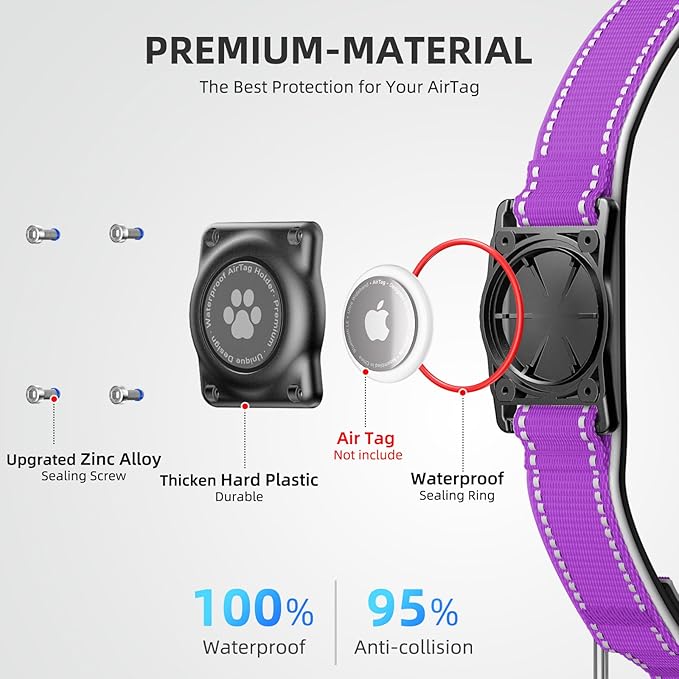 Airtag Dog Collar - 100% Waterproof Air tag Dog Collar Holder for Apple AirTag, Reflective, Soft Padded, Everlasting, GPS Dog Collar for Small Medium Large Dogs (Purple, S)