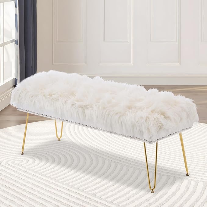 46 Inch White Bedroom Bench, Benches for Bedroom White Faux Fur Upholstered Bed end Bench, Tufting Ottoman Bench Indoor Bench with Metal Legs for Living Room Bedroom Entryway, White